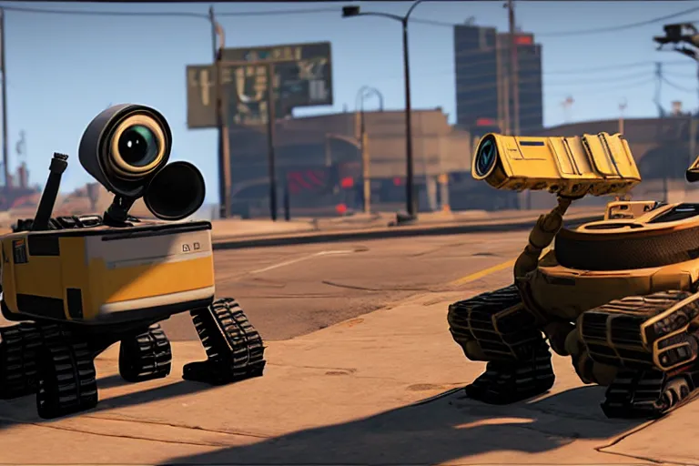 Prompt: wall - e in grand theft auto 5, heavy detailed, ultra high definition quality, gta 5 game engine graphics