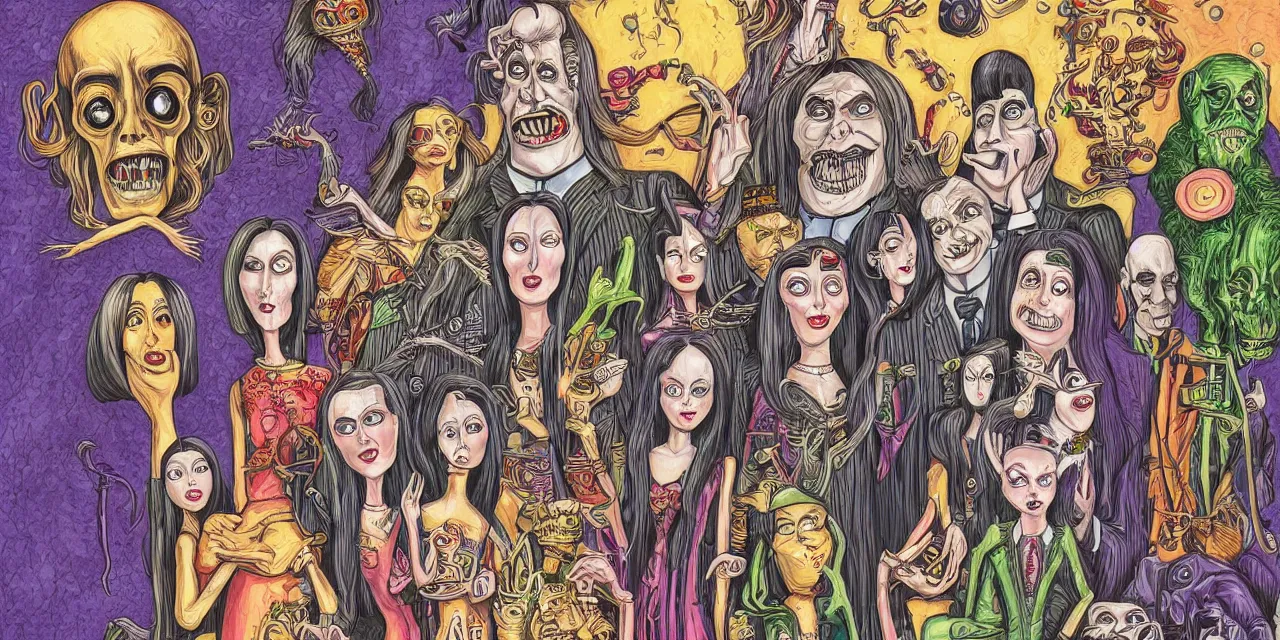 Prompt: a highly detailed image of a addams family style illustration, rich colors, surreal aliens meet the last super part 2