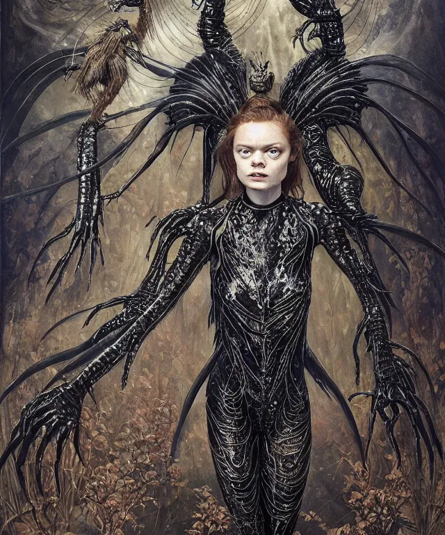 Prompt: a portrait photograph of a evil fierce sadie sink as a strong alien harpy queen with amphibian skin. she is dressed in a black lace shiny metal slimy organic membrane catsuit and transforming into a insectoid snake bird. by donato giancola, walton ford, ernst haeckel, peter mohrbacher, hr giger. 8 k, cgsociety