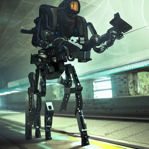Image similar to combine soldier shooting an robot spider in an abandoned subway, award winning, trending on artstation, unreal engine