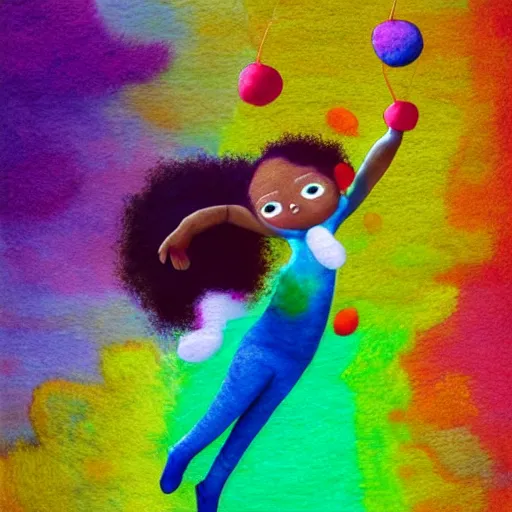 Prompt: a black girl with a colorful afro and rainbow eyes jumping rope near the nile river, bright colours, watercolor, volumetric wool felting, macro photography, children illustration, by goro fujita