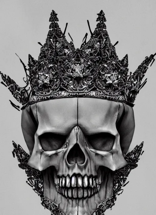 Image similar to skull queen with an origami crown, hints of silver jewelry, gothic, eerie, intricate detail, dramatic lighting, mist, grey, 4k