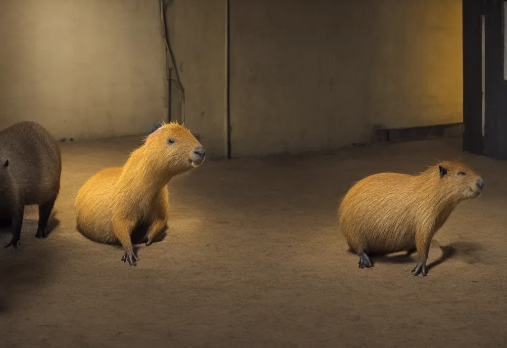 Image similar to photo of a capybara in the backrooms, yellow light