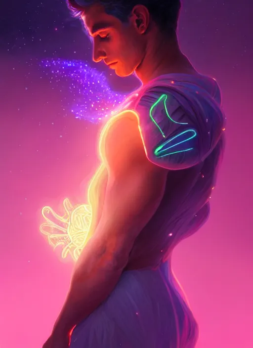 Image similar to a male faceless glowing liquefied stardust adventurer, dnd fantasy character, full body portrait, glowing neon skin, magical aura, ultra realistic, intricate, elegant, highly detailed, digital painting, artstation, smooth, sharp, focus, illustration, art by artgerm and greg rutkowski and alphonse mucha