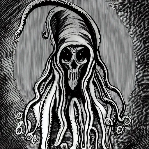 Prompt: grim reaper with tentacles growing from his face, lovecraft, fantasy