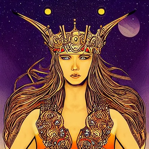 Prompt: Artemixel, the modern reincarnation of the old selenium god of hunt, also known as Artemis the Selene, carrying the celebrated Crown of the Crescent Moon wich its usual bright and slightly bluish crescent like the brightness of the night. Portrait by Moebius, digital art