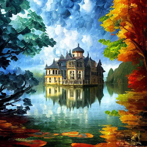 Prompt: lake photograph mansion digital art fantasy ornate depth of field nature photography by m. c. escher, leonid afremov, greg rutkowski, tim white, john howe, rob gonsalves, moebius, benoit mandelbrot