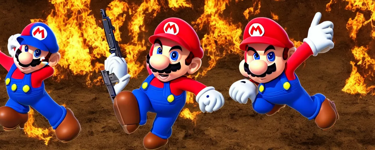 Prompt: mario with a shotgun at the gates of hell