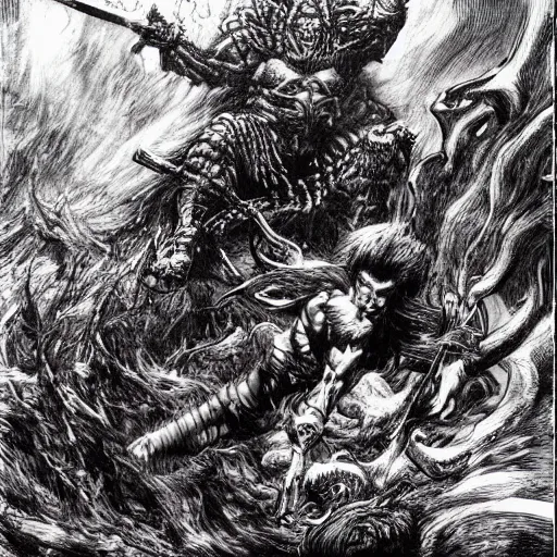 Image similar to arnold swarchenegger with giant sword fights ugly demon, dark fantasy art by kentaro miura, gustave dore, jean giraud, philippe druillet