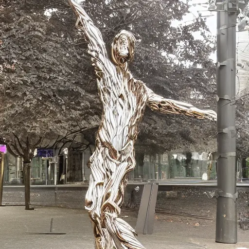 Image similar to a human man statue encased by a cosmic tree, a sense of awe, amazement, monogon, plasma display, wooden, silver, mercury, damascus, armature wire, multiscopy, morph, in a symbolic and meaningful style, insanely detailed and intricate, hypermaximalist, elegant, ornate, hyper realistic, super detailed,