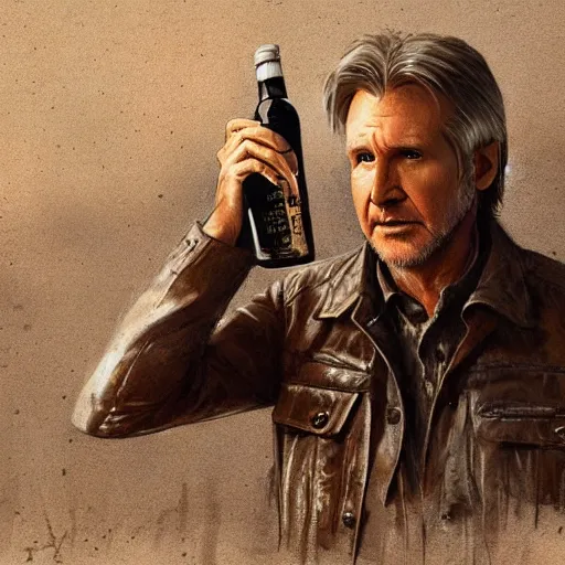 Prompt: a highly detailed epic cinematic concept art CG render digital painting artwork costume design: Harrison Ford/Ryan Gosling, old scars, long hair, grizzled, tired, with a bottle of vodka, in an old 1950s leather jacket. By Greg Rutkowski, Ilya Kuvshinov, WLOP, Stanley Artgerm Lau, Ruan Jia and Fenghua Zhong, trending on ArtStation, made in Maya, Blender and Photoshop, octane render, excellent composition, cinematic atmosphere, dynamic dramatic cinematic lighting, aesthetic, very inspirational, arthouse