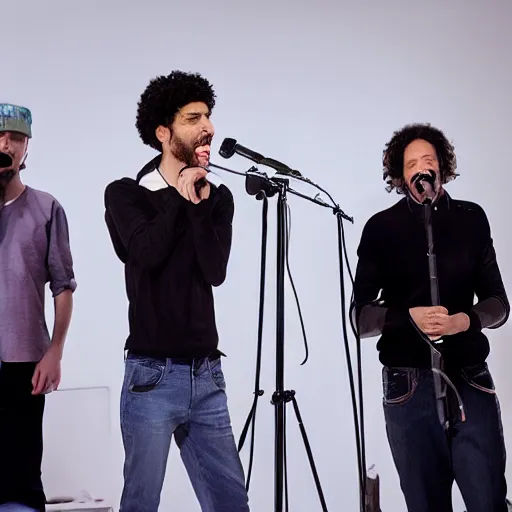 Prompt: Omer Adam and Arik Einstein are standing on a stage with microphones and singing, photorealistic