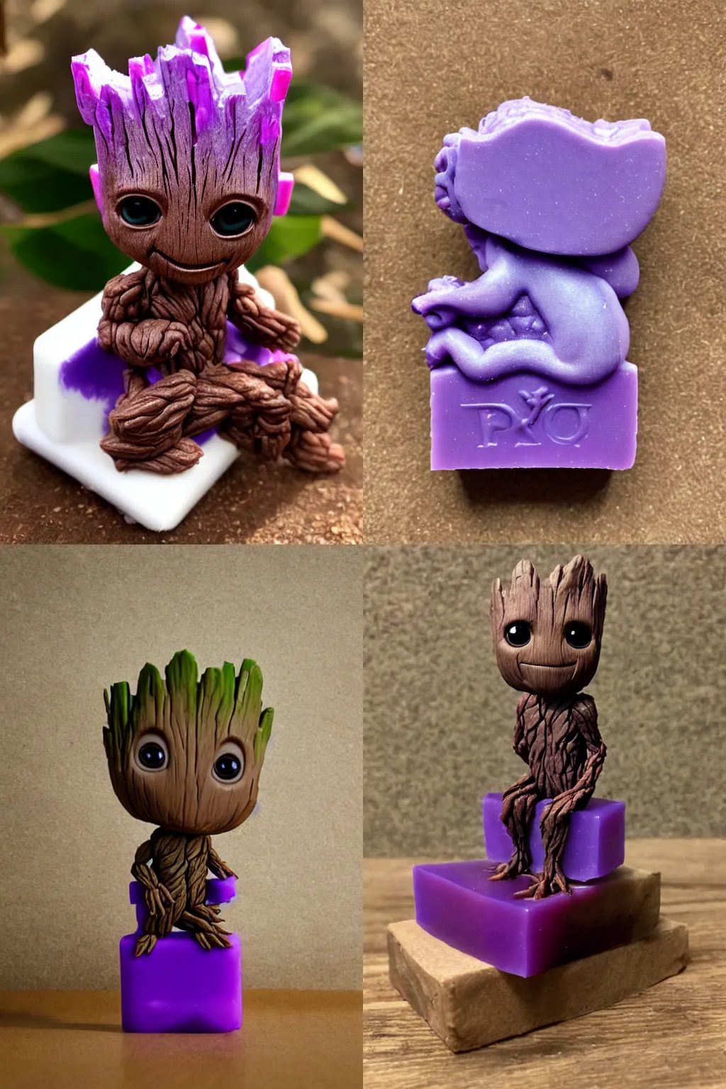 Prompt: little cute Groot rides on a bar of purple soap, by disney plus