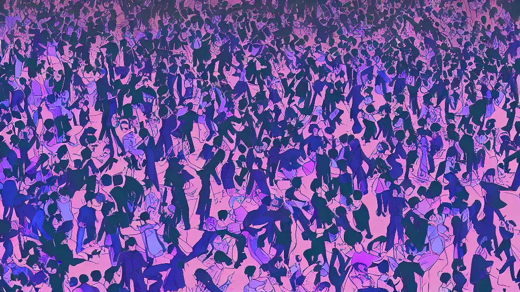 Prompt: detailed illustration of a concert crowd seen from the front composed of a heterogeneous group of people dancing, dark blue and intense purple color palette, 4 k in the style of kojima ayami, amano yoshitaka