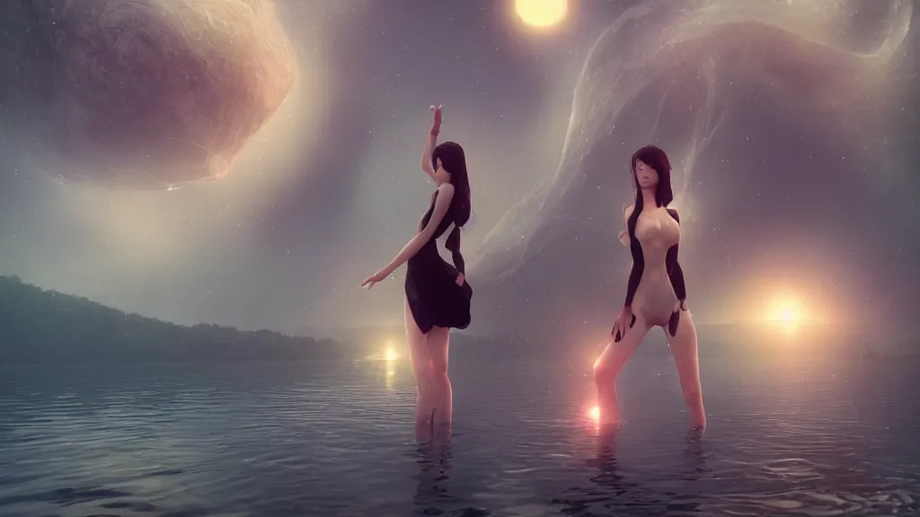 Prompt: whimsical, beautiful seductive women standing in a lake, raising an arm, under a binary black hole with a ring, by Ross Tran, by Greg Rutkowski, by artgerm, by beeple, volumetric lighting, 4k resolution, octane render, trending on artstation