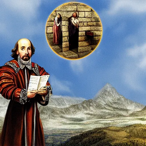 Prompt: shakespeare holding the ten commandments on top of a mountain, digital art