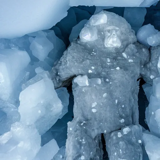 Image similar to A golem made of ice sleeping in a cave in Antarctica