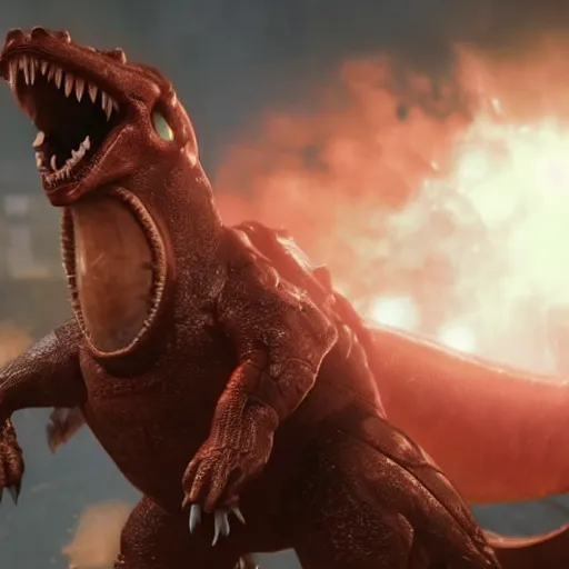 Image similar to Charizard in gears of war, splash art, movie still, detailed face, photorealistic facial features, cinematic lighting, dramatic, octane render, long lens, shallow depth of field, bokeh, anamorphic lens flare, 8k, hyper detailed, 35mm film grain