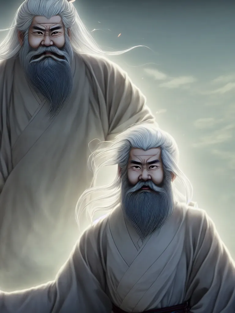 Prompt: the half body portrait of fuxi god in chinese mythology, long white hair, long white beard, atmospheric lighting, perfect shadow, portrait symmetry, wu geng period animation style, frontal lens, wearing a grey robe, in style of makoto shinkai, raphael lacoste, akihito tsukushi, peter mohrbacher, unreal engine, 4 k hd