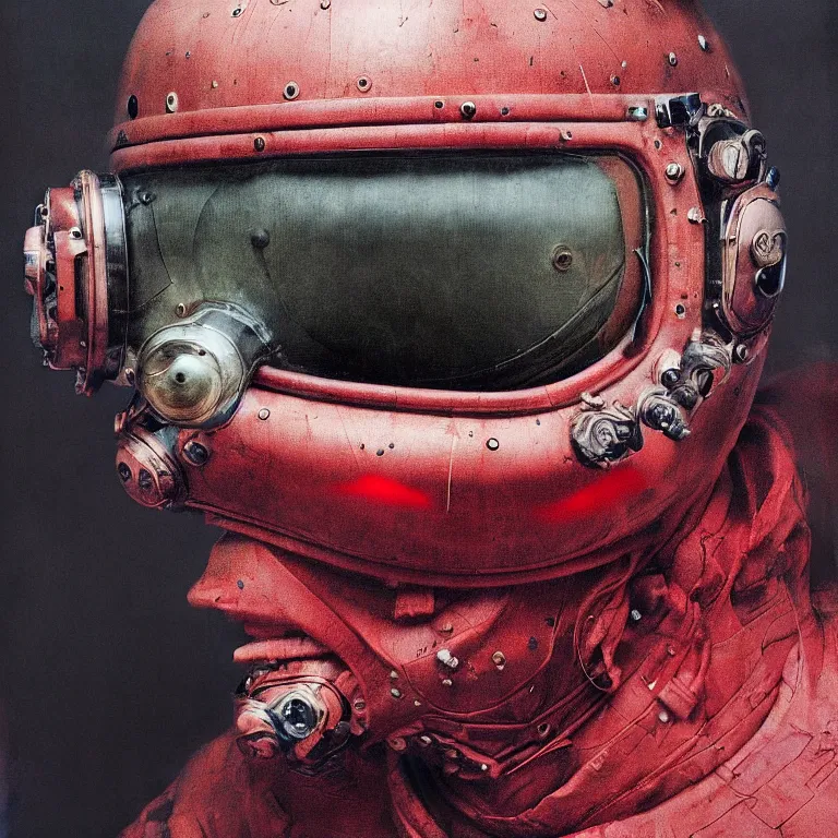 Prompt: hyperrealistic detailed higher angle portrait of a character in fighter pilot helmet, rich deep colors, ultra detail, by francis bacon, james ginn, petra courtright, jenny saville, gerhard richter, zdzisaw beksinski, takato yamamoto. masterpiece, elegant fashion studio ighting 3 5 mm