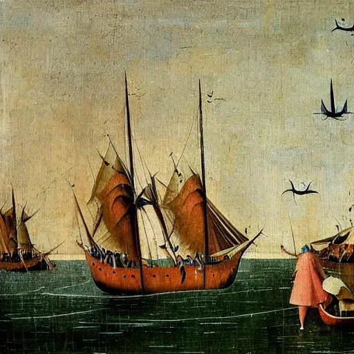 Image similar to oil painting by hieronymous bosch of a caravel sailing ship sailing with sails set. people with silly expressions on the ship. dolphins and whales play around the ship.