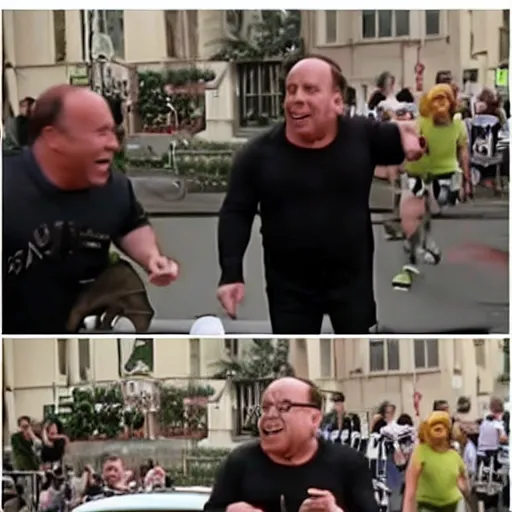 Image similar to Angry Alex Jones chasing after Danny DeVito for stealing his ice cream