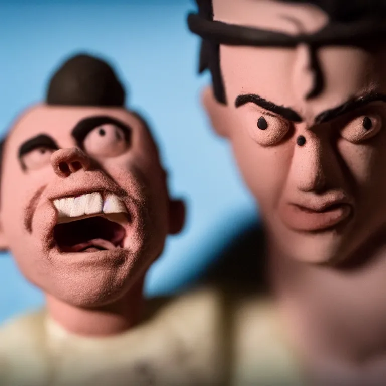 Prompt: a cinematic film still of a claymation stop motion film starring johnny knoxville and steve - o, portrait, shallow depth of field, 8 0 mm, f 1. 8