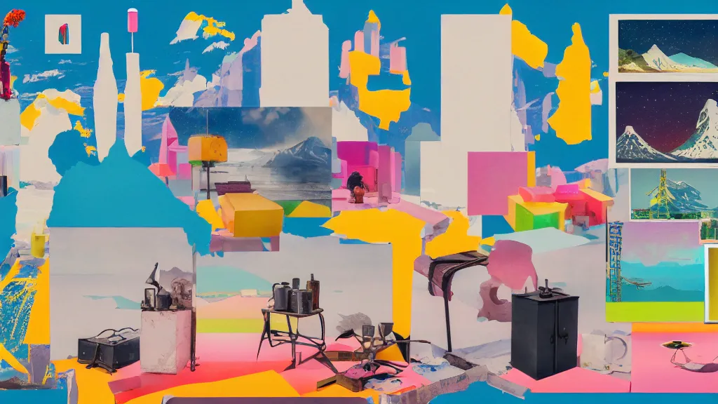 Image similar to an arrangement of explorer traveller props, hokkaido prefecture japan, a collage painting, in the style of wes anderson, lola dupre, okuda, david hockney, isolated on negative white space background dark monochrome neon spraypaint accents volumetric octane render