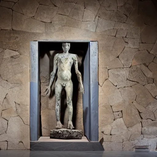 Image similar to futuristic ancient creature arrived through a portal, ancient statue in museum