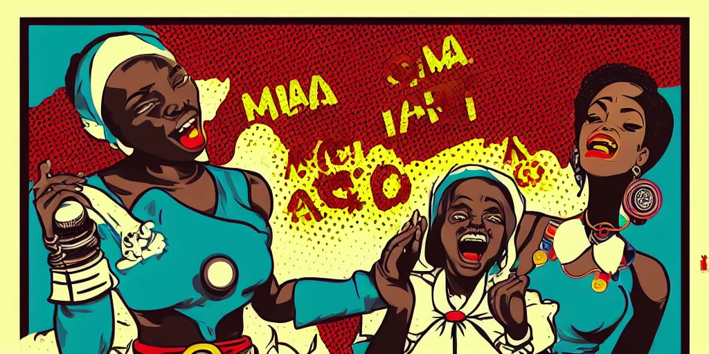 Image similar to mama africa laugh at her child!!! pop art, pixel, bioshock, gta chinatown, artgerm, richard hamilton, mimmo rottela, julian opie, aya takano, intricate, sharp focus, concept art, smooth, focus on details