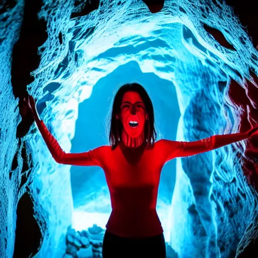 Prompt: style of Charlie Bowman, The interior of an cave lit in red, symmetrical detailed woman Stella Maeve who is screaming scared face, symmetrical eyes symmetrical face, blue neon light coming from the back of the cavern, mysterious atmosphere