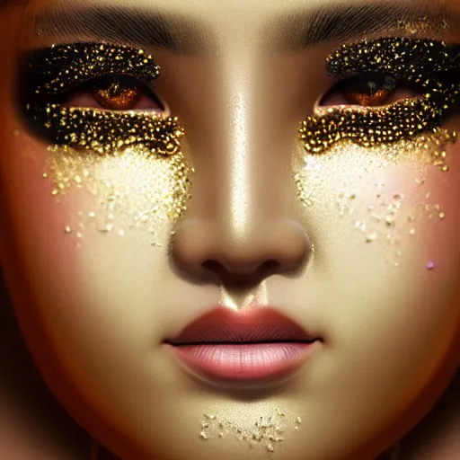 Image similar to asian woman closeup face portrait, face covered with chrome liquid stripes and glowing gems, highly detailed face, elegant pose, intricate, extremy detailed, cgsociety, unreal engine, octane render,, highly detailed 4 k art