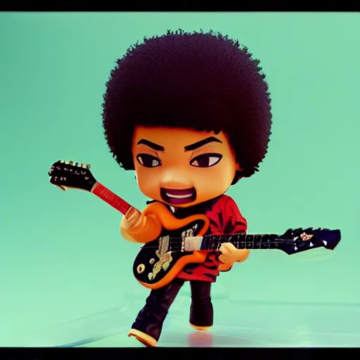 Image similar to jimi hendrix as nendoroid guitar on fire, 8 k hd dof, cinestill 8 0 0 t,