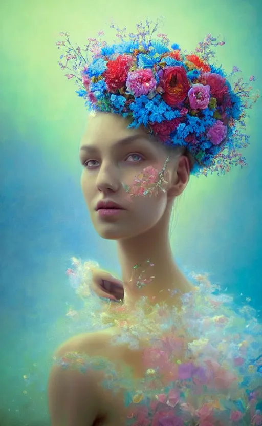 Image similar to a beautiful oil painting hyperrealism of a beautiful woman, flowers, floral headdress, 8 k resolution, octane render, trending on artstation, by gediminas pranckevicius, volumetric light 2 blue fractal thunder glow by dan mumford, anaglyph effect, laurie lipton