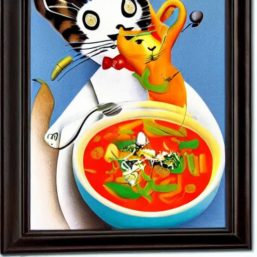 Image similar to anthropomorphic cat chef cooking a delicious colorful soup, by Salvador Dali