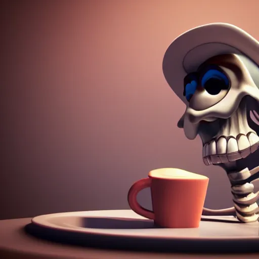 Prompt: 3d render pixar cartoon skeleton drinking a cup of coffee, hd octane render