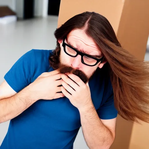 Prompt: moving day disaster. photo of man with long brown hair and glasses and beard. he is vomiting all over himself, covered in sick