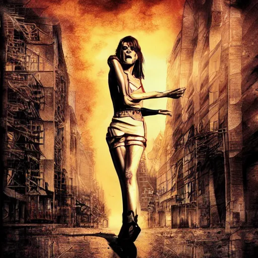 Image similar to angry zombie full body portrait of milla jovovich, new york urban background szene, grimdark horror, stylized digital illustration, global illumination, ray tracing, hdr, fanart arstation by ian pesty and katarzyna bek - chmiel