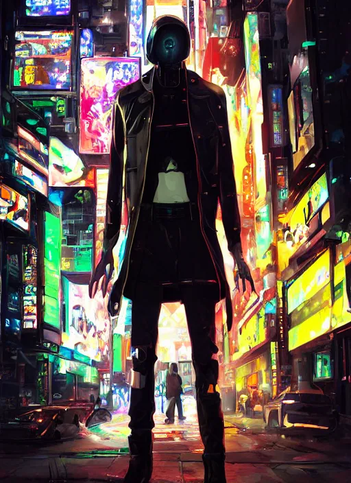 Prompt: Male cyborg, battle-damaged, wearing black leather trenchcoat, standing on neon-lit street corner”, full body shot, cyberpunk, Digital art, detailed background, anime, vibrant colors, artist Katsuhiro Otomo