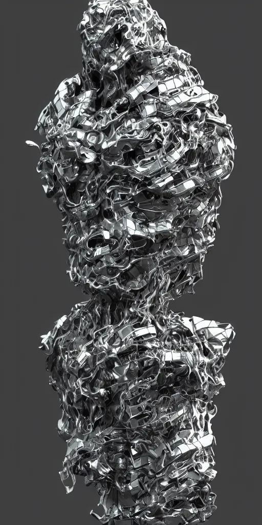 Image similar to 3 d render of a sculpture, chrometype, liquid metal, neotribal, raytraced, volumetric lightning, 8 k, innate studio