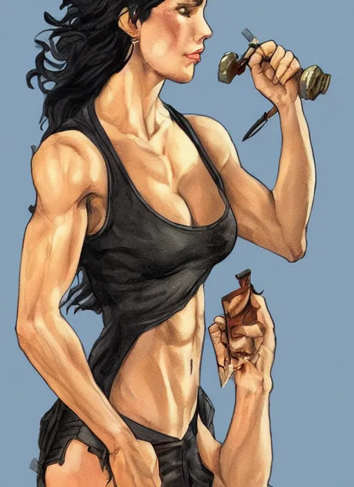 Image similar to a black haired woman in a tank top, muscular upper body, abs, d & d, fantasy, intricate, elegant, highly detailed, digital painting, artstation, concept art, smooth, sharp focus, illustration, art by howard chaykin