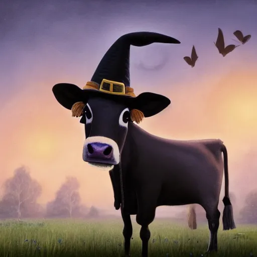 Prompt: a detailed matte landscape painting of a silly looking cow standing in a grassy field wearing a witch hat, cow wearing hat!!!! viewed in profile, fog and flying glowing moths in the background, ultrawide lens, aerial photography, black and blue color scheme with gold highlights, art by paul kidby in a silly and cartoony art style, 8 k, octane render