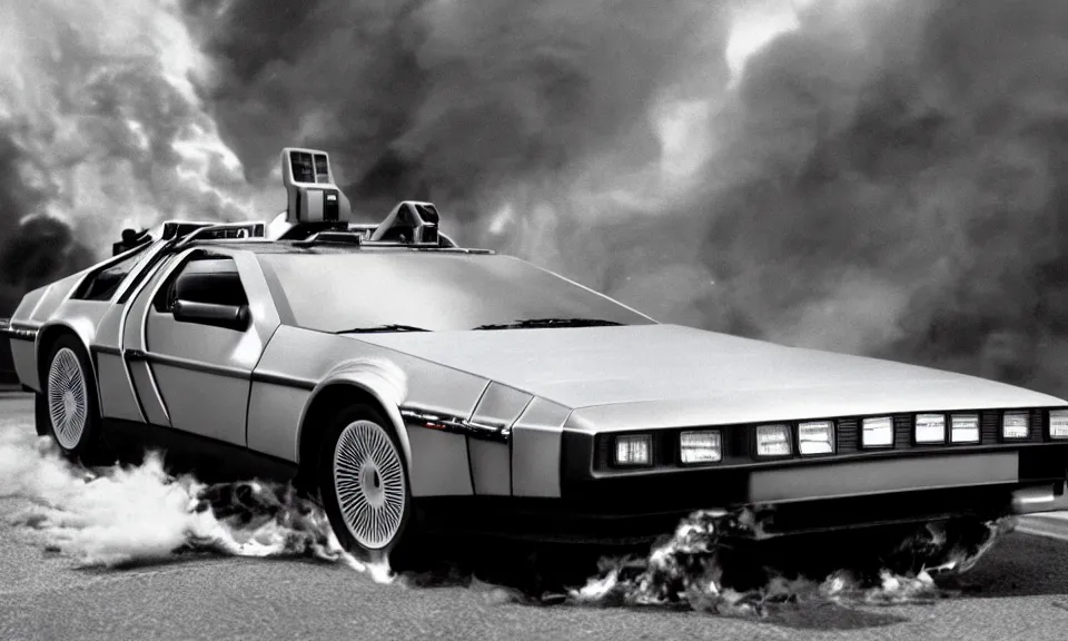 Prompt: scene from back to the future, a single delorean from back to the future with closed doors, driving very fast, lightning around the car, fire on the road, driving through a portal, motion blur