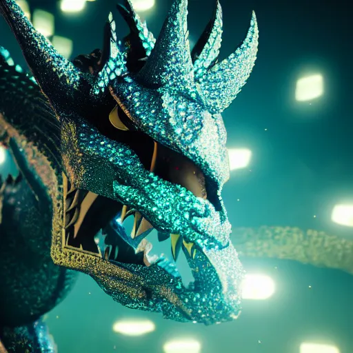 Prompt: d dragon made of sparkles, octane render, cinematic, hyperrealistic, trending on artstation