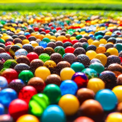 Prompt: a field filled with different colored marbles all together, natural lighting on a sunny day, wide angle photography, 4 k,