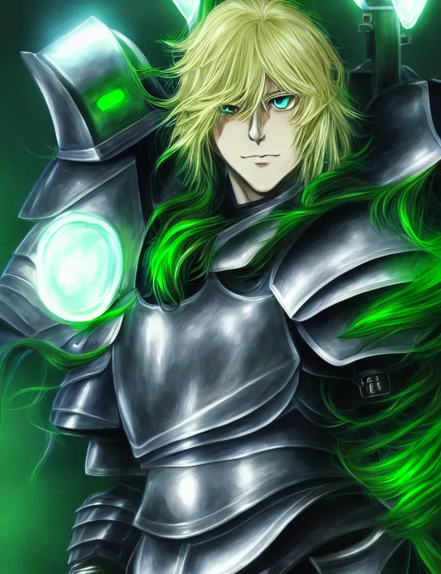 Image similar to an anime portrait of a long haired blonde man with blue eyes in green plate armour glowing with green energy, trending on artstation, digital art, 4 k resolution, detailed, high quality, sharp focus, hq artwork, coherent, insane detail