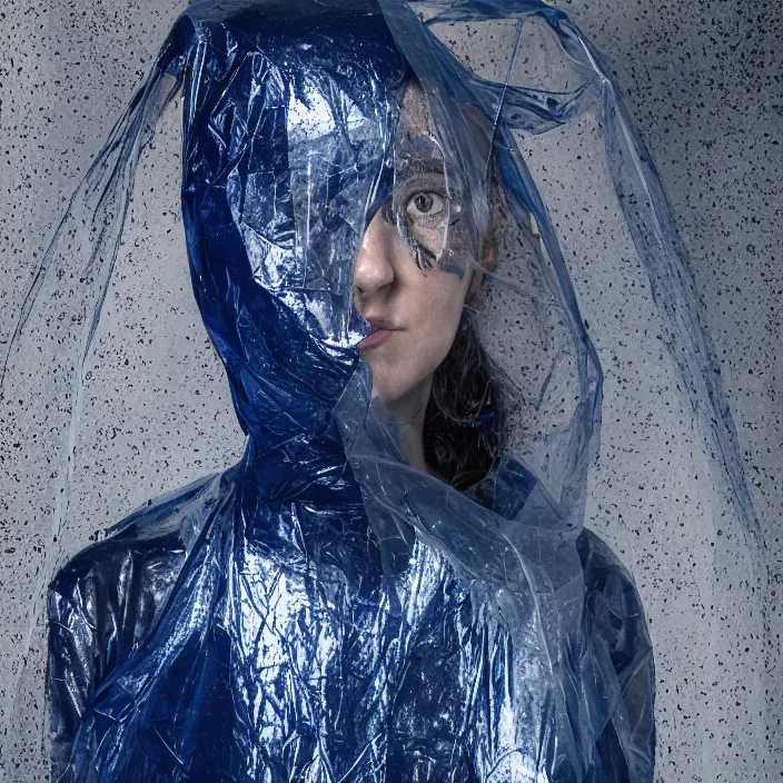 Image similar to closeup portrait of a woman wrapped in dark blue cellophane, standing in a derelict building interior, color photograph, by iris van herpen, canon eos c 3 0 0, ƒ 1. 8, 3 5 mm, 8 k, medium - format print