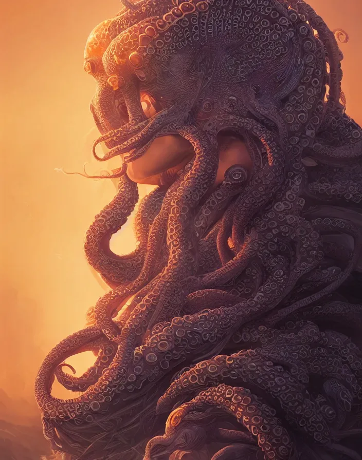 Image similar to goddess portrait. octopus phoenix head. intricate artwork by Tooth Wu and wlop and beeple and dan mumford. octane render, trending on artstation, greg rutkowski very coherent symmetrical artwork. cinematic, hyper realism, high detail, octane render, 8k, depth of field, bokeh