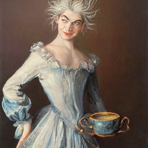 Image similar to A 18th century, messy, silver haired, (((mad))) elf princess (Mr. Bean), dressed in a ((ragged)), wedding dress, is ((drinking a cup of tea)). Everything is underwater and floating. Greenish blue tones, theatrical, (((underwater lights))), high contrasts, fantasyconcept art, inspired by John Everett Millais's Ophelia