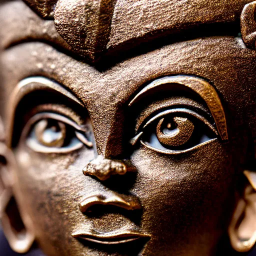 Image similar to photo of fragmented Bronze Babylonian sculpture of Goku made of Bronze, Bronze!! (EOS 5DS R, ISO100, f/8, 1/125, 84mm, postprocessed, crisp face, facial features)